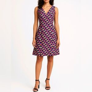 JB by Julie Brown 100% Silk Multicolor Sheath Geometric Print Knee Lengt…